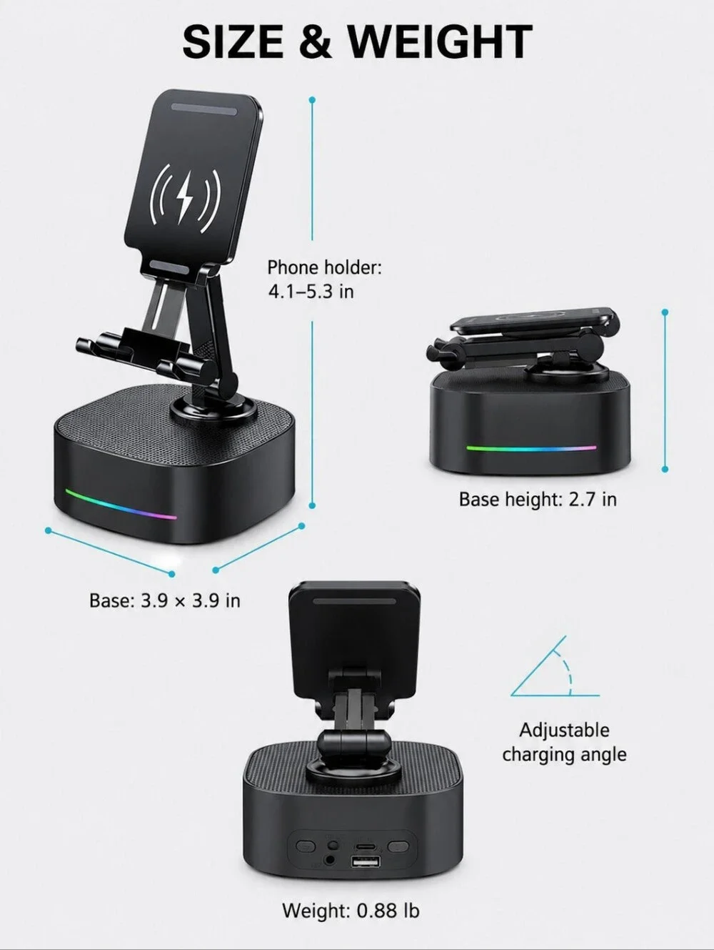 4-in-1 Bluetooth Speaker Phone Stand Wireless Charger RGB Light